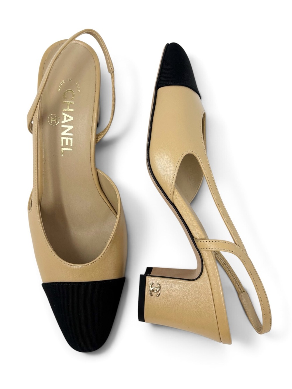 Chanel Two-Tone Goatskin & Grosgrain CC Slingback Pumps Beige Black 38.5